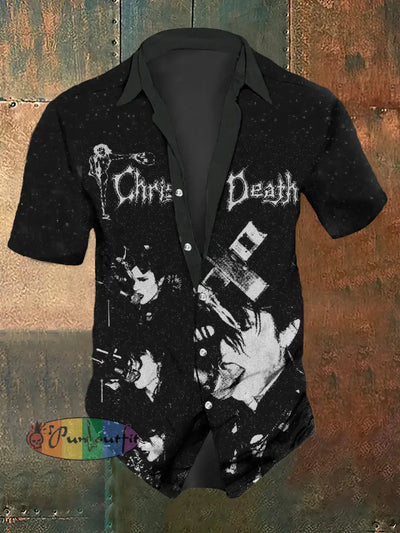 Men’s Retro Dark Skull Punk Casual Short Sleeve Shirt Black / S