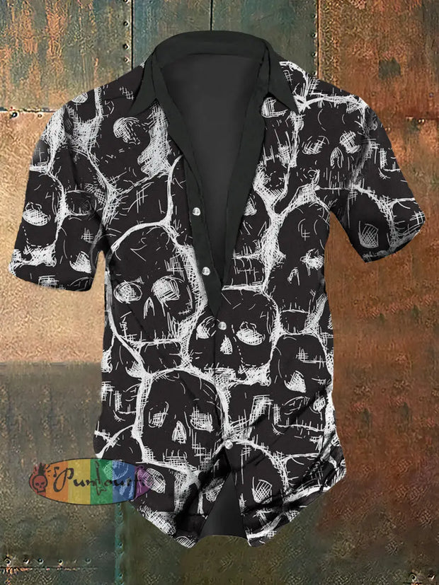 Men’s Retro Dark Skulls Casual Short Sleeve Shirt Black / S