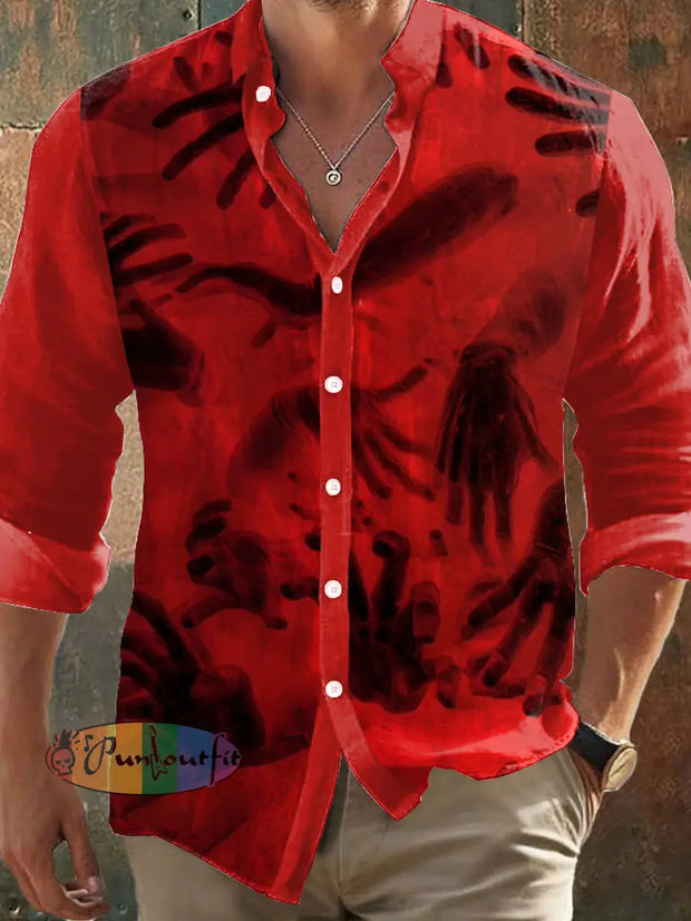 Men’s Retro Dark Style 3D Hands Print Long Sleeve Shirt Red / S