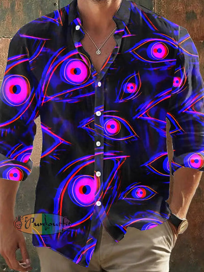 Men’s Retro Dark Style 3D Magic Eyes Print Long Sleeve Shirt Purple / S