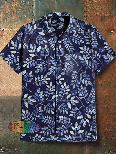 Men’s Retro Dark Style Abstract Print Cuban Collar Shirt With Short Sleeves Blue / S