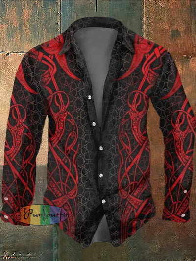 Men’s Retro Dark Style Abstract Print Long Sleeve Shirt Red / S