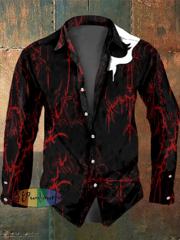 Men’s Retro Dark Style Abstract Skull Print Long Sleeve Shirt Black / S