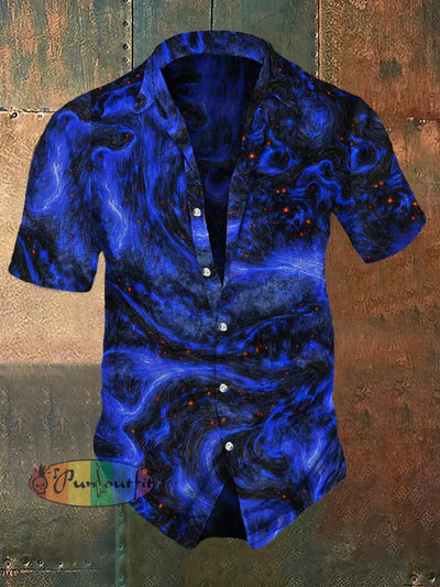 Men’s Retro Dark Style Aurora Print Casual Shirt Blue / S