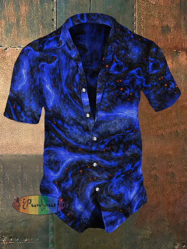 Men’s Retro Dark Style Aurora Print Casual Shirt Blue / S