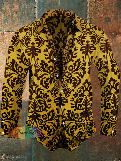 Men’s Retro Dark Style Baroque Print Long Sleeve Shirt Gold / S