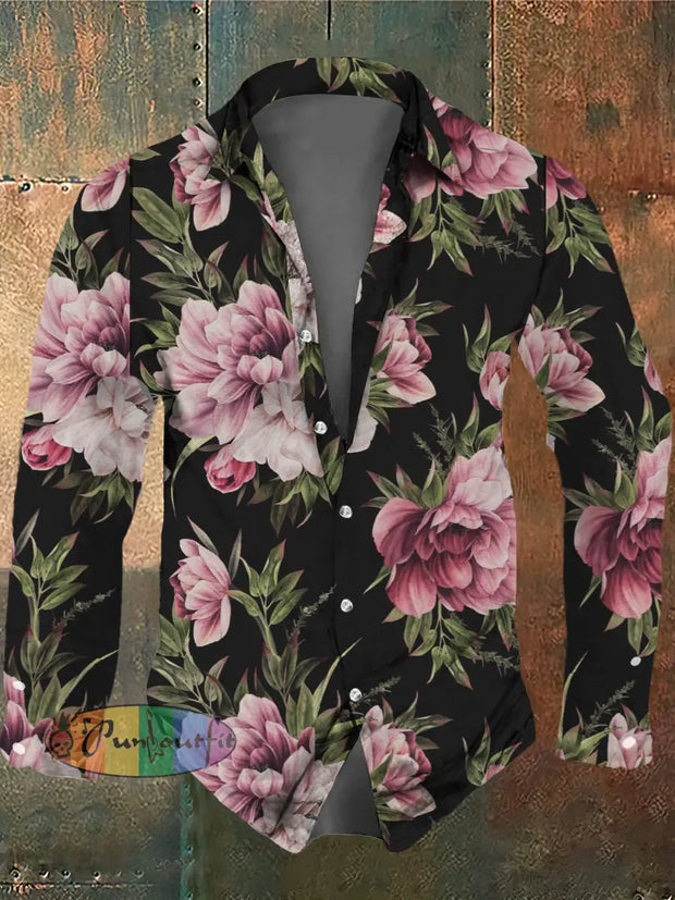 Men’s Retro Dark Style Beautiful Flowers Print Long Sleeve Shirt Colorful / S