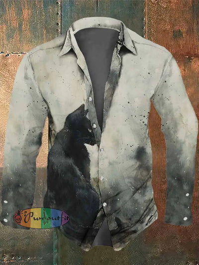 Men’s Retro Dark Style Black Cat Print Casual Vintage Shirt Colorful / S