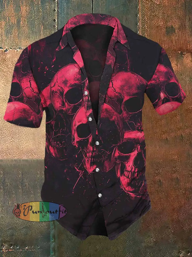 Men’s Retro Dark Style Blood Skull Print Casual Vintage Shirt Black / S