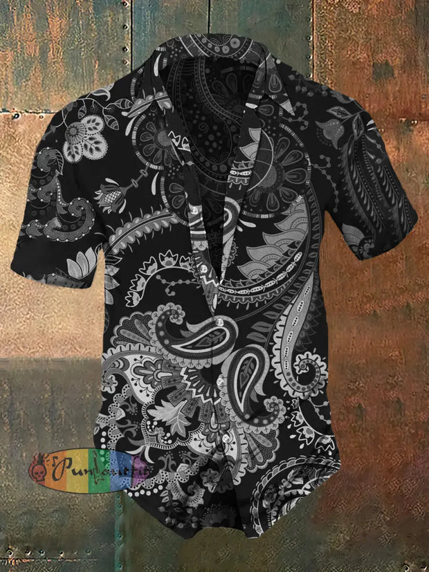 Men’s Retro Dark Style Bohemia Print Casual Shirt Black / S