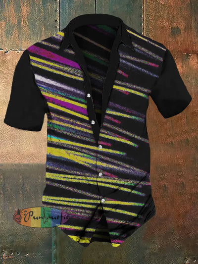 Men’s Retro Dark Style Colorful Line Print Casual Vintage Shirt Black / S