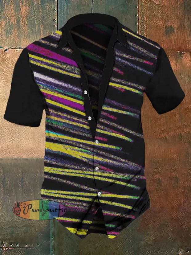 Men’s Retro Dark Style Colorful Line Print Casual Vintage Shirt Black / S