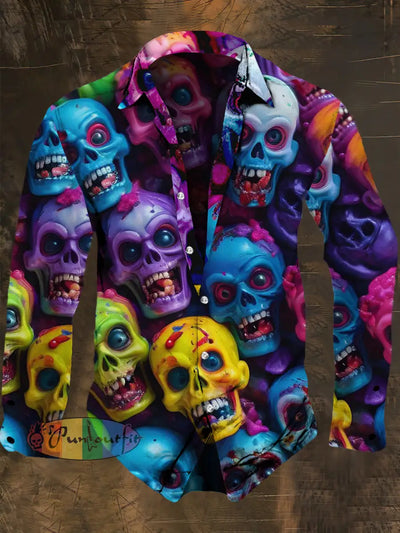 Men’s Retro Dark Style Colorful Skull Print Long Sleeve Shirt S