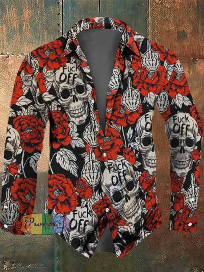 Men’s Retro Dark Style Cool Skull Print Casual Vintage Shirt Red / S