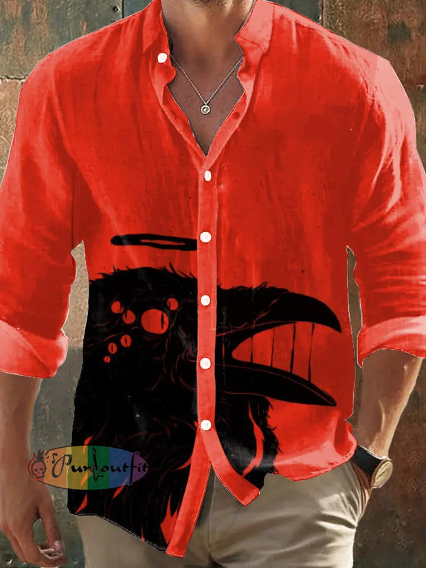 Men’s Retro Dark Style Crow Print Long Sleeve Shirt Red / S