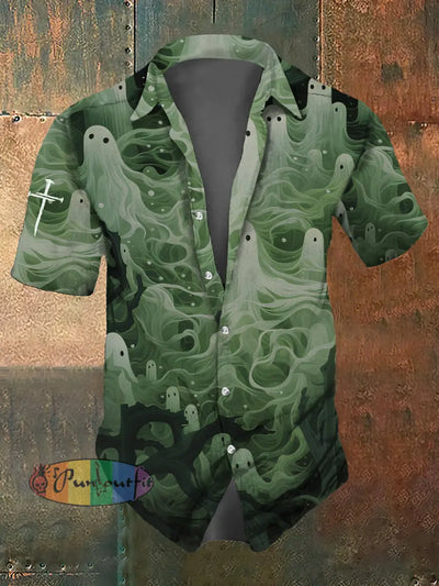 Men’s Retro Dark Style Cute Ghost Print Shirt Green / S