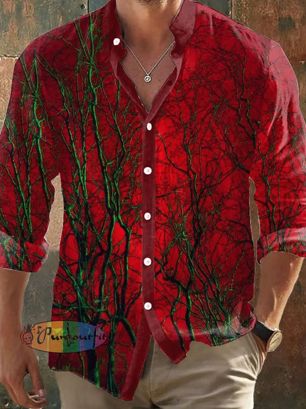 Men’s Retro Dark Style Dead Tree Print Long Sleeve Shirt Colorful / S