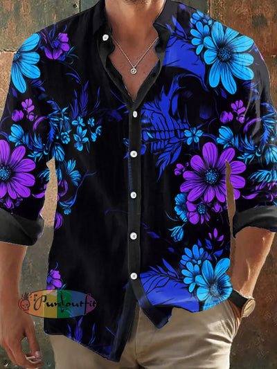 Men’s Retro Dark Style Everlasting Flower Print Casual Vintage Shirt Black / S