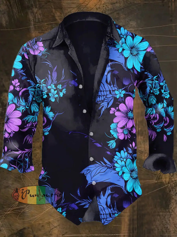 Men’s Retro Dark Style Everlasting Flower Print Casual Vintage Shirt Black / S