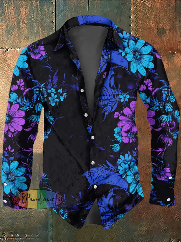 Men’s Retro Dark Style Everlasting Flower Print Casual Vintage Shirt Long Sleeve Shirt / S