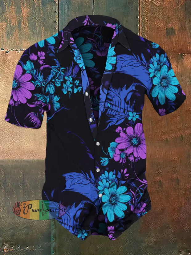 Men’s Retro Dark Style Everlasting Flower Print Casual Vintage Shirt Short Sleeve Shirt / S