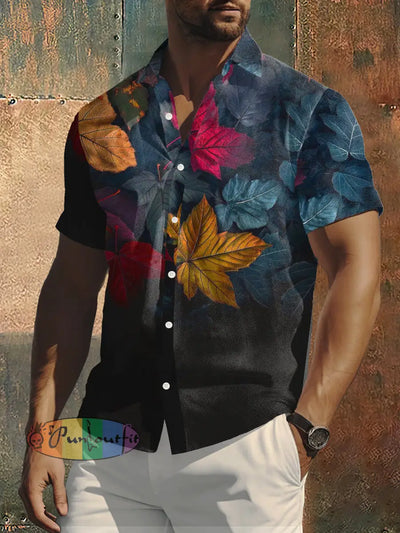 Men’s Retro Dark Style Fallen Leaves Print Casual Shirt Colorful / S