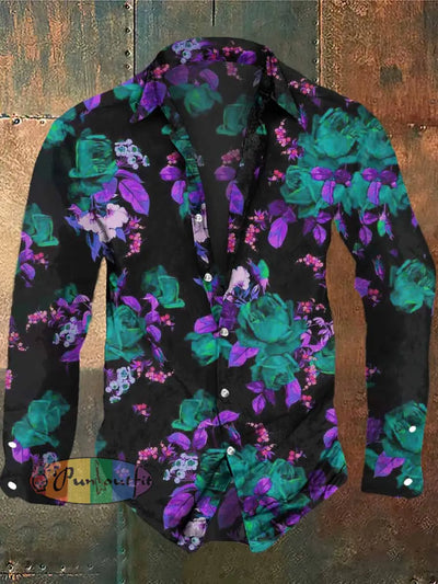 Men’s Retro Dark Style Fantasy Flowers Print Casual Vintage Shirt Black / S