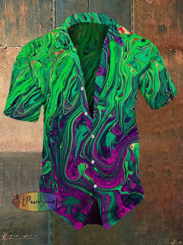 Men’s Retro Dark Style Fantasy Gradient Print Casual Shirt Green / S