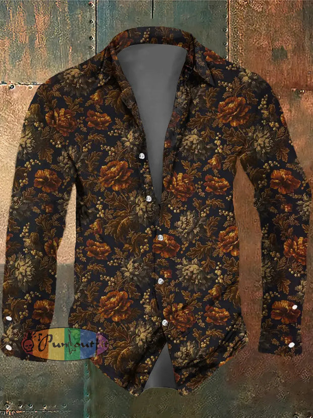 Men’s Retro Dark Style Floral Print Long Sleeve Shirt Colorful / S