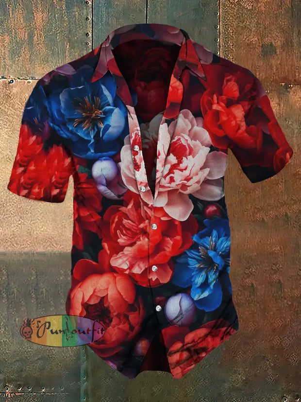 Men’s Retro Dark Style Flowers Print Casual Shirt Colorful / S