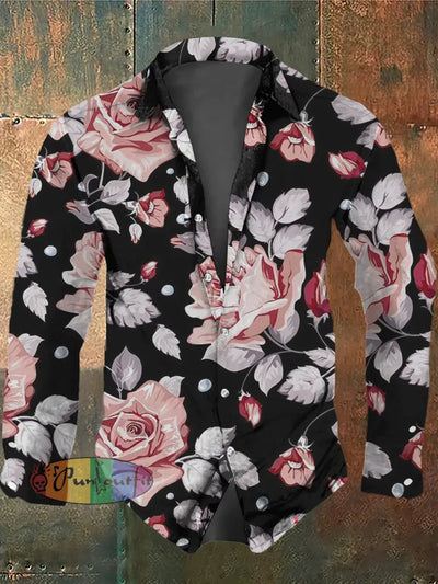 Men’s Retro Dark Style Flowers Print Long Sleeve Shirt Black / S