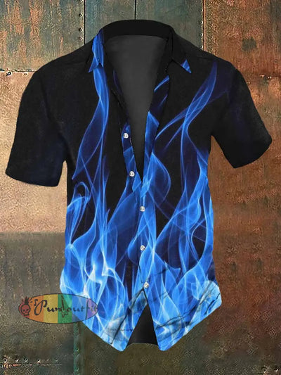 Men’s Retro Dark Style Ghost Fire Print Casual Shirt Blue / S