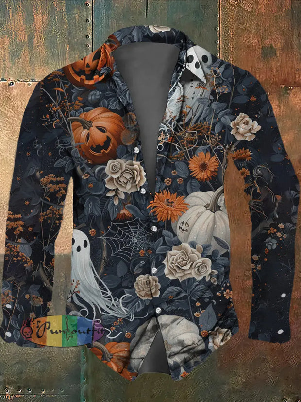 Men’s Retro Dark Style Ghost Pumpkin Print Long Sleeve Shirt Colorful / S