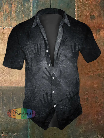 Men’s Retro Dark Style Horror Hand Print Casual Shirt Black / S