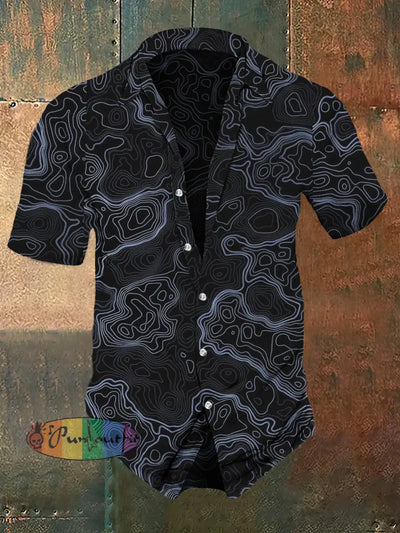 Men’s Retro Dark Style Line Print Casual Shirt Black / S