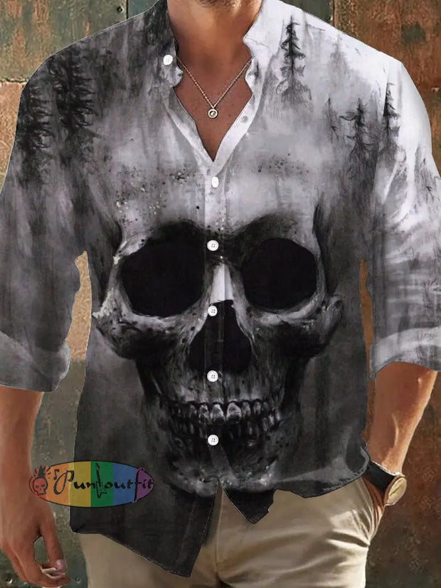 Men’s Retro Dark Style Misty Forest Print Long Sleeve Shirt Colorful / S