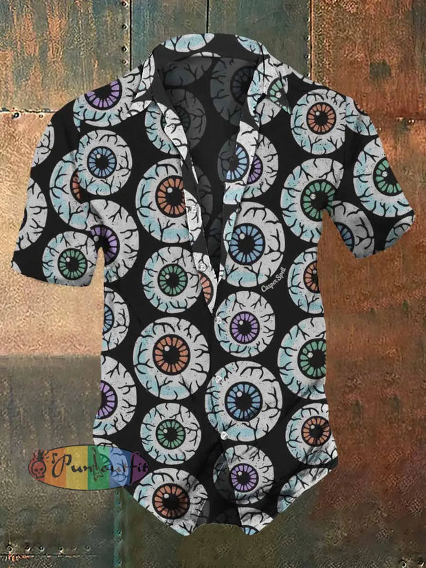 Men’s Retro Dark Style Monster Eyes Print Casual Shirt Black / S