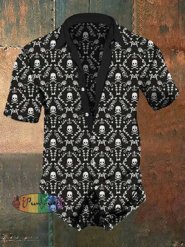 Men’s Retro Dark Style Pirate Flag Print Casual Shirt Black / S