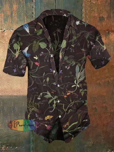 Men’s Retro Dark Style Plants Print Casual Shirt Colorful / S