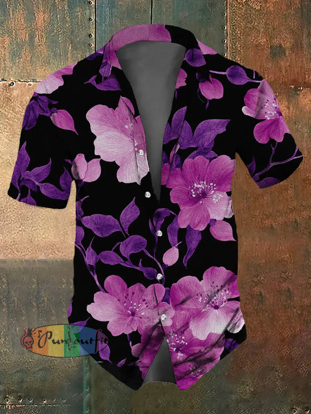 Men’s Retro Dark Style Plum Bossom Print Shirt Black / S