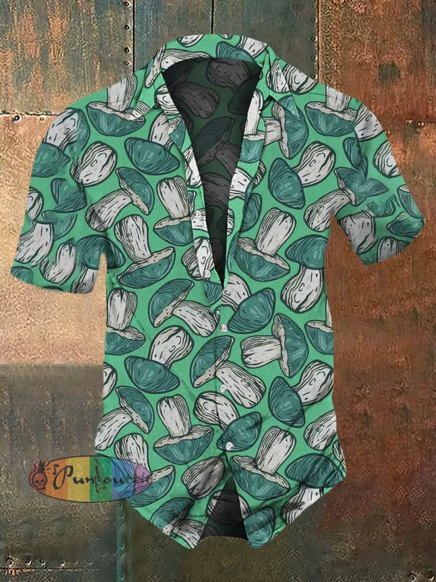 Men’s Retro Dark Style Poisonous Mushrooms Print Casual Shirt Green / S