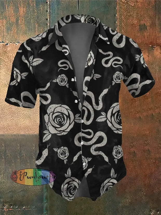 Men’s Retro Dark Style Rose And Snake Print Shirt Black / S