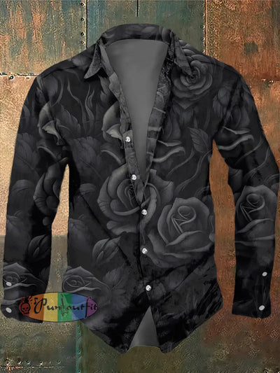 Men’s Retro Dark Style Rose Print Long Sleeve Shirt Black / S