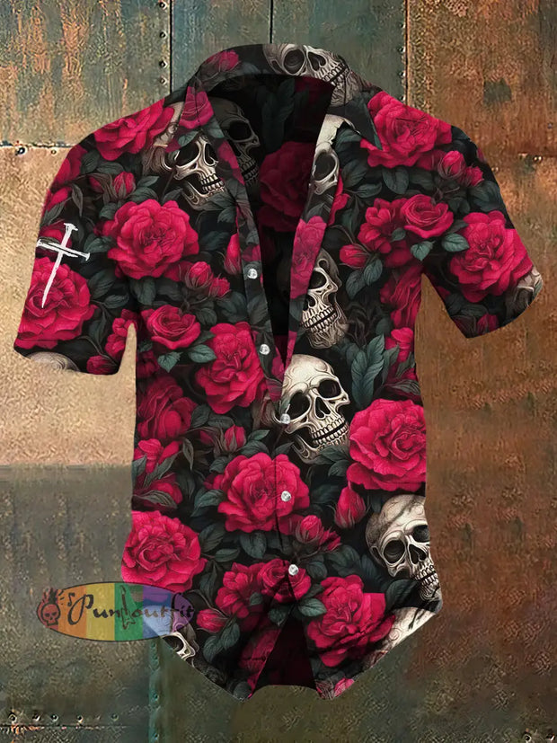 Men’s Retro Dark Style Rose Skull Print Shirt Red / S