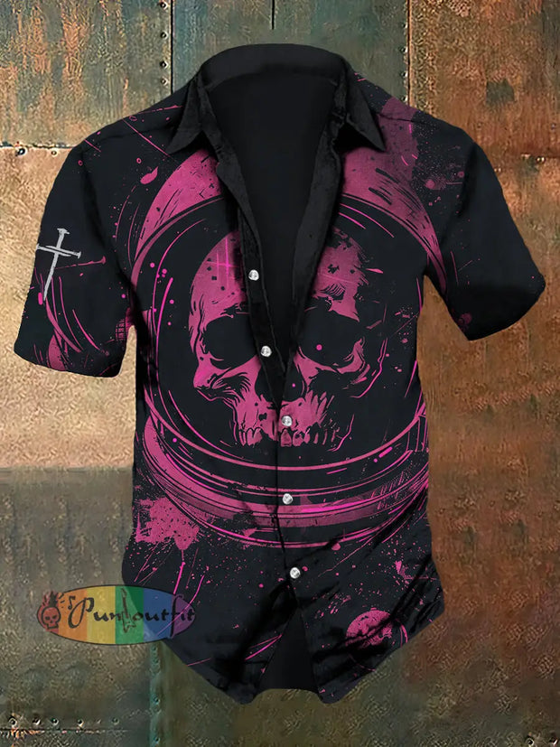 Men’s Retro Dark Style Scary Skull Print Shirt Black / S