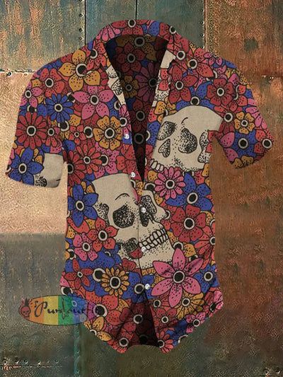 Men’s Retro Dark Style Skull And Flowers Print Casual Vintage Shirt Colorful / S