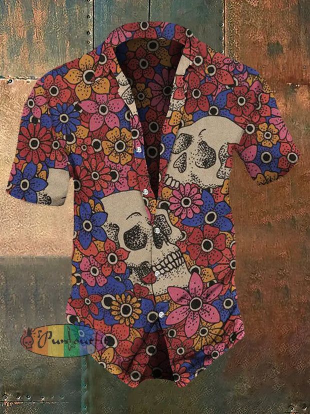 Men’s Retro Dark Style Skull And Flowers Print Casual Vintage Shirt Colorful / S