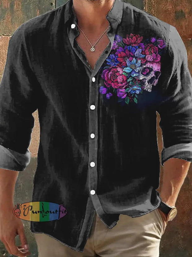 Men’s Retro Dark Style Skull And Flowers Print Long Sleeve Shirt Black / S