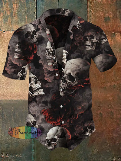 Men’s Retro Dark Style Skull And Fog Print Casual Vintage Shirt Colorful / S