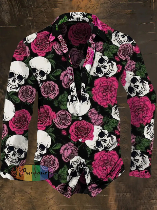 Men’s Retro Dark Style Skull And Rose Print Long Sleeve Shirt S